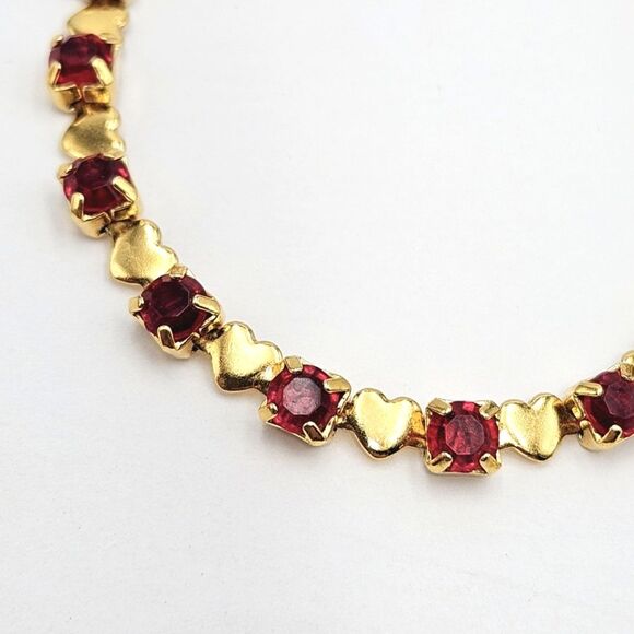 Vintage Sweetheart Ruby Red Rhinestone & Gold Heart Tennis Bracelet - Picture 4 of 10